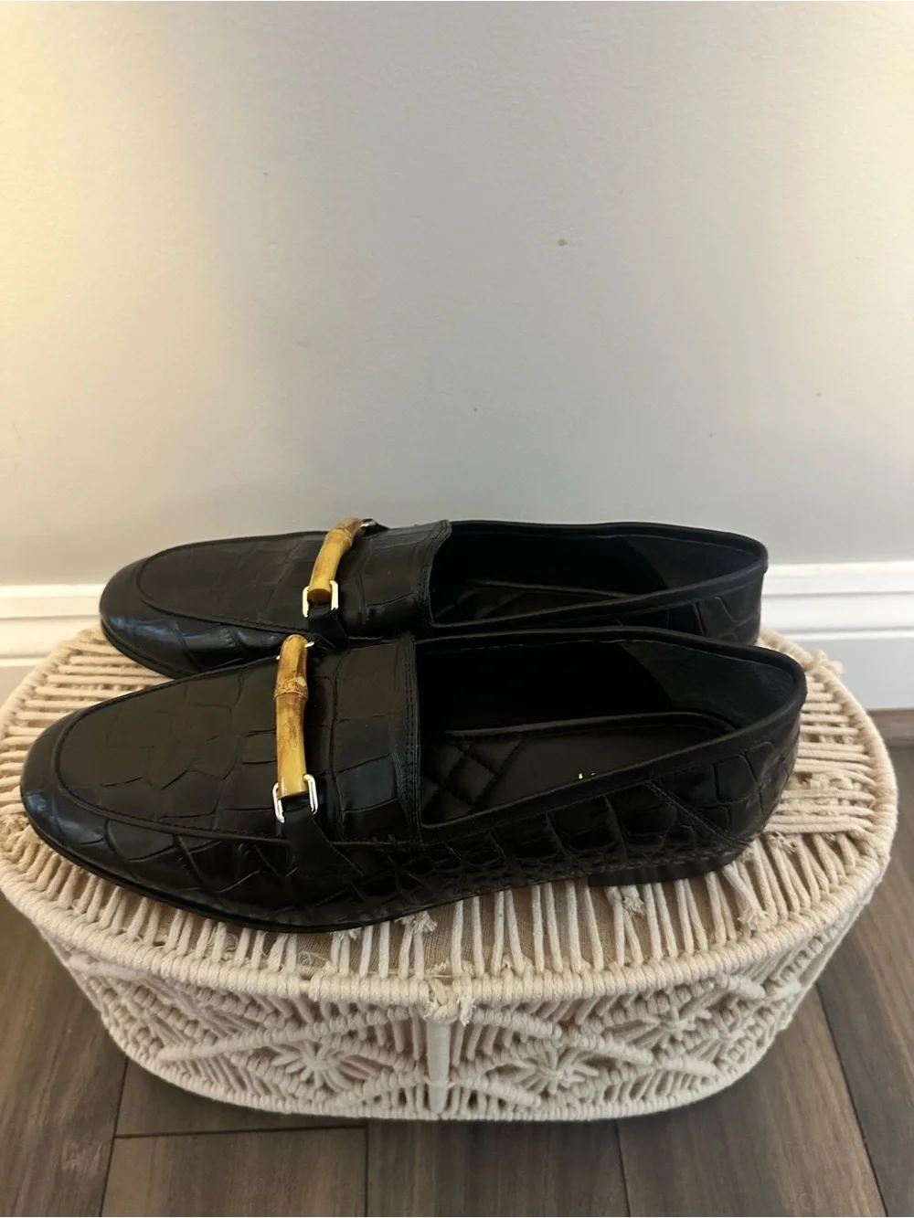 J. McLaughlin Black Croc-Embossed Leather Loafers with Gold-Tone Bar